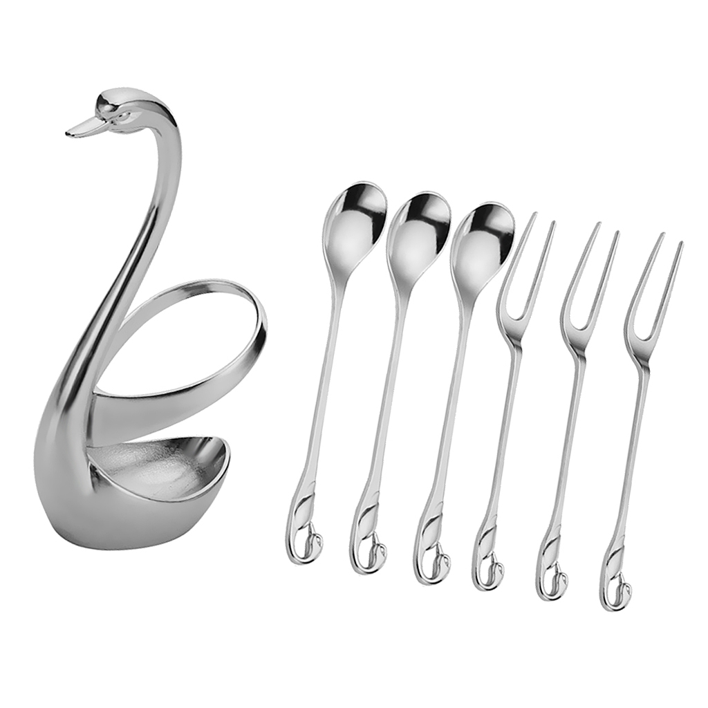 Stainless Steel Fruit Fork & Spoon Swan Base Coffee teaspoon Cutlery Set with 3pcs fork 3pcs spoon