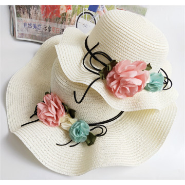 Summer Mommy & Me Beach flower Hat Simple Wavy large brimmed straw hat Fairy Floral Beach Hats Parent-child sunhat