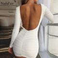 Nadafair Backless Wrap Bodycon Low Cut Sexy Club Dress Women White Black Long Sleeve Mini Party Dress