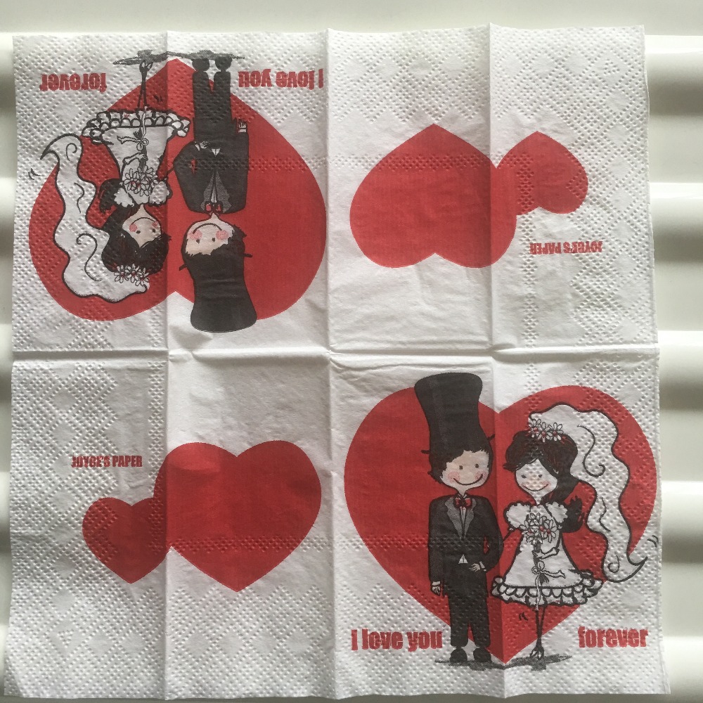 Vintage tissue napkins paper decoup printed red heart bride groom love for ever handkerchief wedding serviette party anniversary