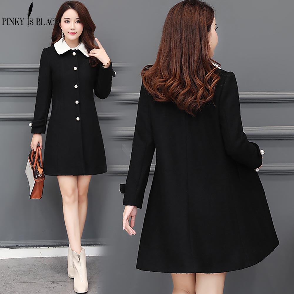 PinkyIsblack Turn Down Collar Long Wool Coat Elegant Winter Woman Wool Blend Coats Slim Type Female Pockets Warm Coat Outerwear