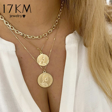 17KM 2021 Trendy Multilayered Coin Necklace For Women Gold Geometric Round Necklace Beads Chain Choker Necklaces Gifts Jewelry