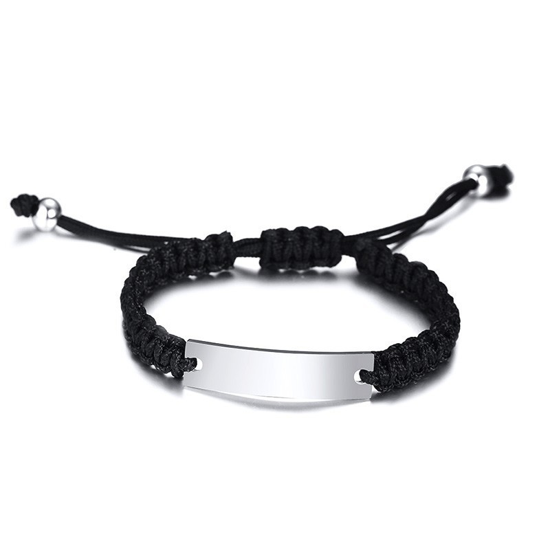 Personalized Braided Rope Bracelet with Stainless Steel ID Plate Bangles in Black Engravable Brackelts Adjustable