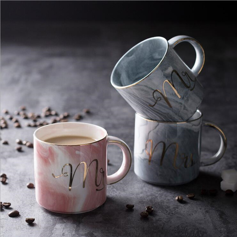 Luxury 3 Colours Gold Edge Mr Mrs Ceramic Marble Coffee Mug Cup Wedding Bridal Couples Lover's Gifts Mug Porcelain Milk Tea Cup