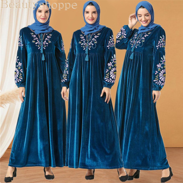 Autumn Winter Muslim Women Long Sleeve Velvet Dress Abaya Kaftan Arab Robe Maxi Gowns Islamic Clothing Vintage Plus Size Fashion