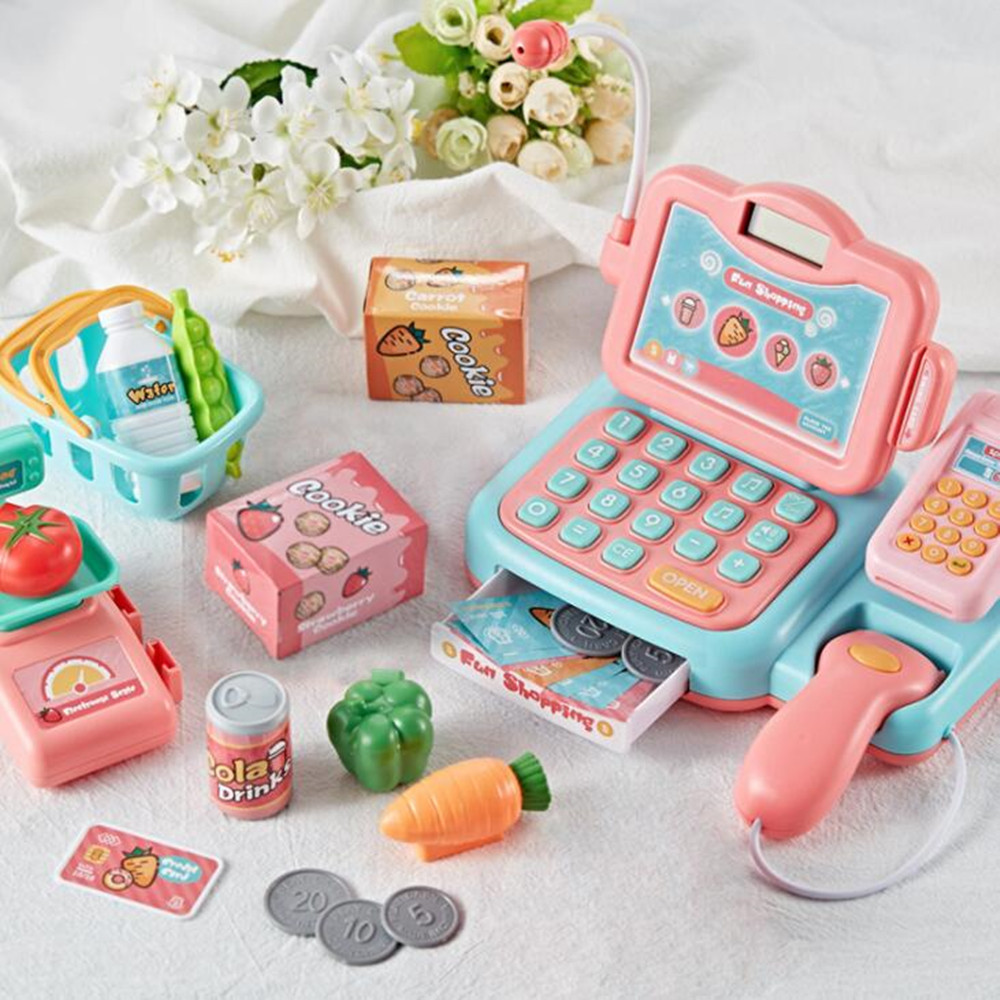 24Pcs/set Electronic Simulated Supermarket Cash Register Kits Toys Kids Checkout Counter Role Pretend Play Cashier Girl Toy gift