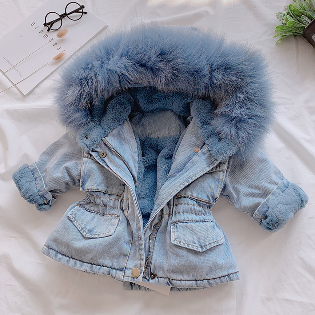 Toddler Kids Baby Girls Hooded Faux Fur Fleece Warm Thick Denim Coat Outwear