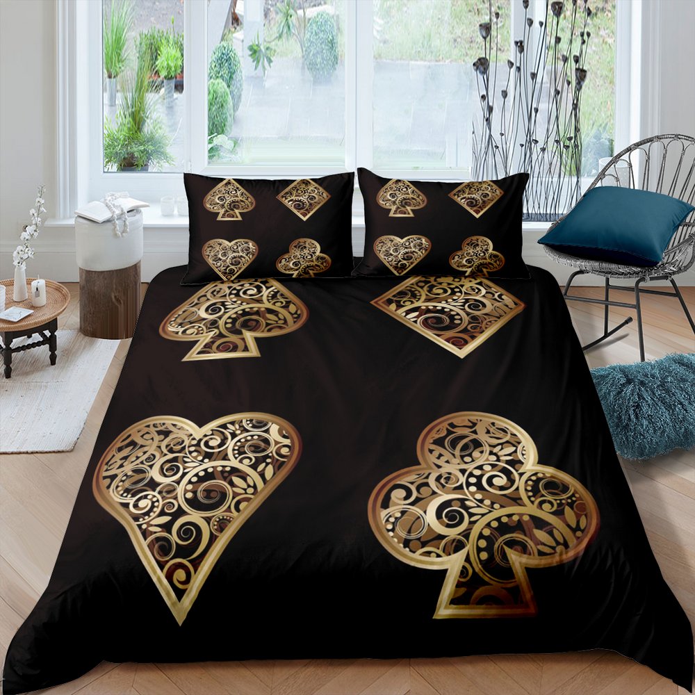 Gold Poker Flowers Pattern Duvet Cover Twin Black Background Bedding Cover Teens Youngs Soft Breathable
