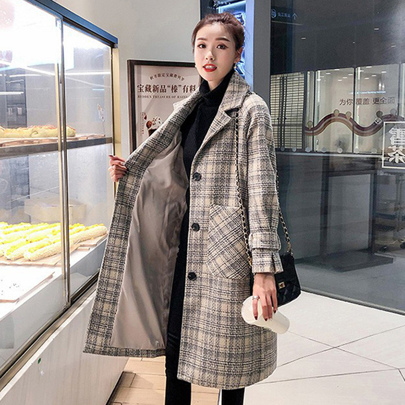 2020 Autumn Winter Women Warm Wool Coat Elegant Plaid Single Breasted Blends Outwear Female Big Pocket Loose Mid-long Coat