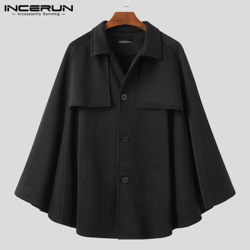 INCERUN Fashion Men Cloak Coats Solid Color Loose Capes Lapel Single Breasted Trench Streetwear Chic Mens Jackets Ponchos S-5XL
