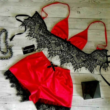 2Pcs/set Sexy Lingerie Lace OpenBra+Shorts Women Sexy Underwear Lace Up Red Lingerie Sexy Hot Erotic Satin Silk Babydoll S-XL