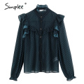 Simplee Vintage ruffled women blouse shirt Elegant dot print buttons female tops shirts Autumn spring office ladies work blouses