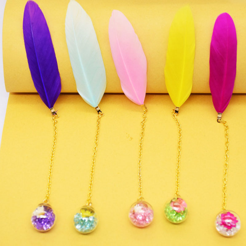 1 Pcs Boxed Colorful Feather Glass Ball Bookmark Retro Cute Book Markers Kawaii Stationery School Office Supplies Teacher Gift