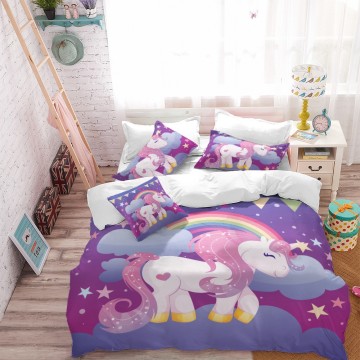 Disney Cartoon Purple World Unicorn Rainbow Stars Bedding Set Baby Kids Boys Girls Bedroom Decoration Duvet Covers Pillowcase