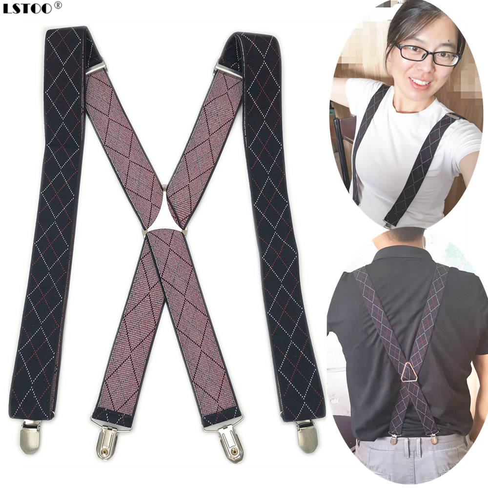 35mm Wide Black White Red Plaid Suspenders Men Women Elastic Adjustable 4 Clips X Back Adult Suspender For Office Party Wedding