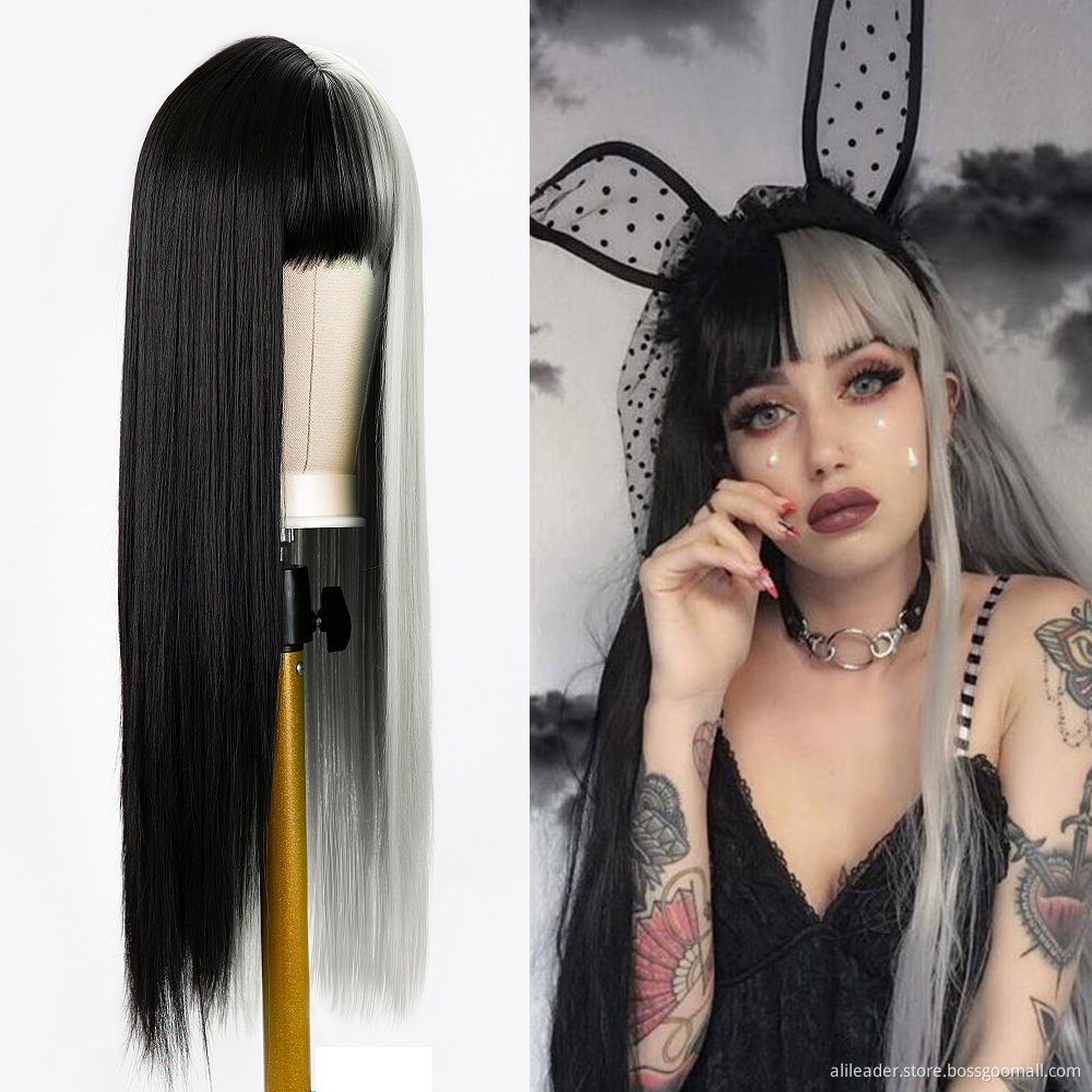 Half Black Half Grey Straight Wig For Girls