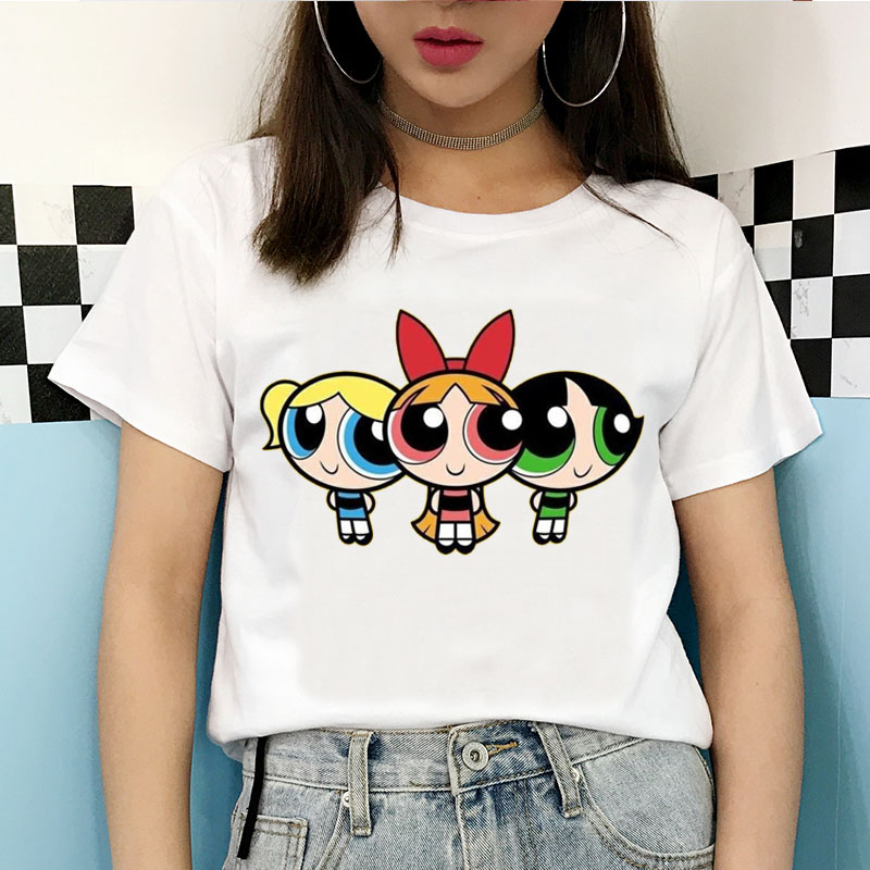 New summer 2020! White Kawaii Powerpuff T-shirts for Harajuku Girls, Funny Cartoon Print T-shirts, Fashion Clothes for Women