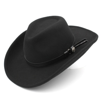 Mistdawn Fashion Unisex Wool Blend Western Cowboy Cap Top Hat Outdoor Wide Brim Beach Hat Jazz Sombrero Godfather Cap Black Belt
