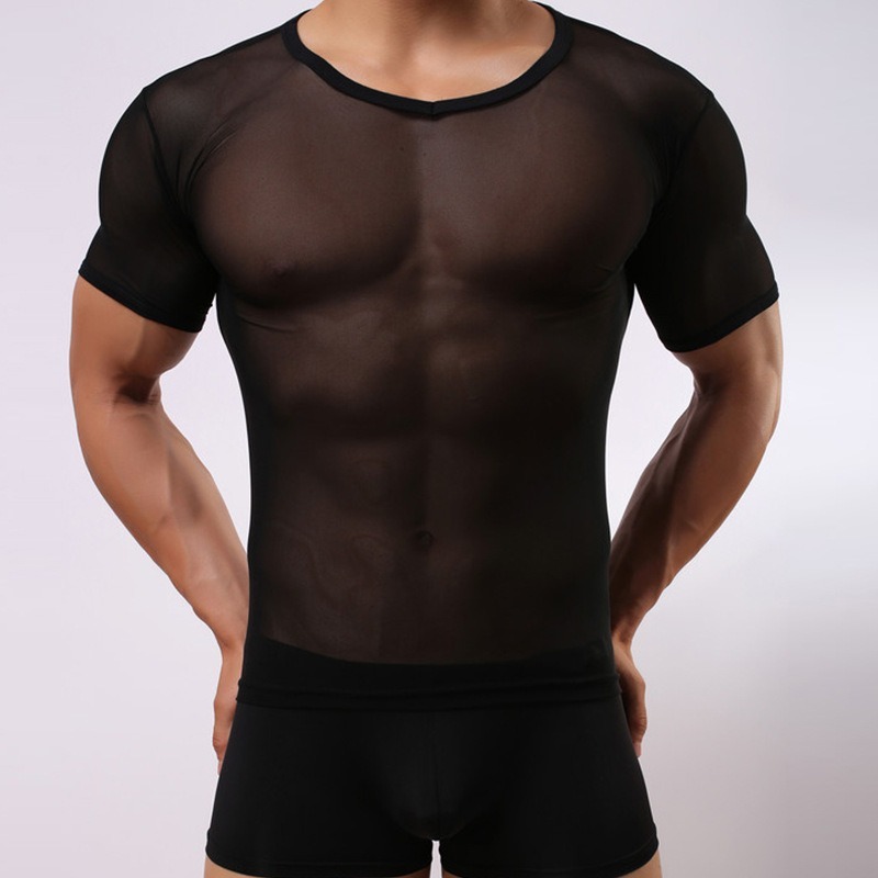 Mens Undershirts Mesh Transparent Gay Underwear Bodybuilding Koszulka Siatka Meska Sheer Shirts Shorts Sleeves Male T Shirts