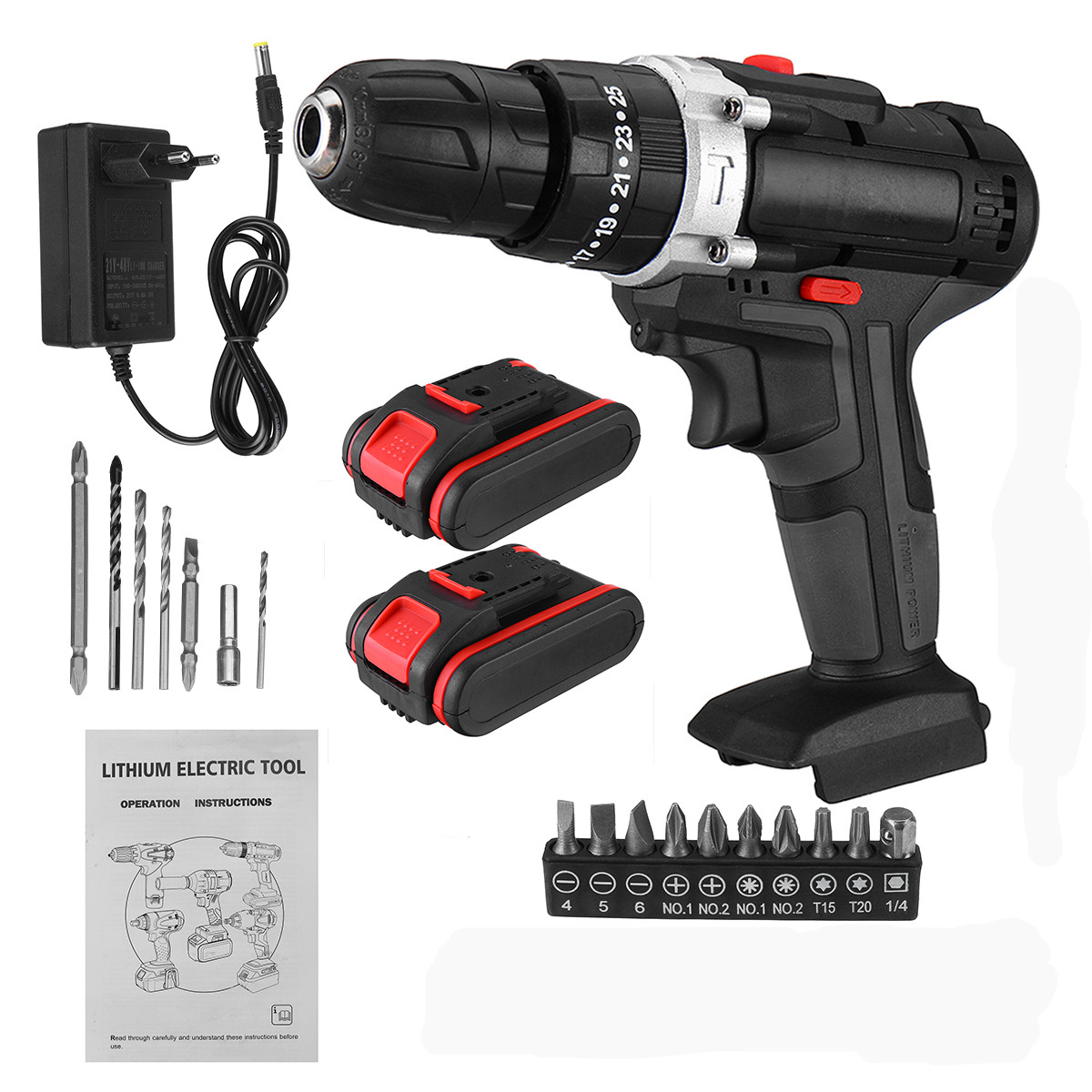 48V 3 in 1 Cordless Electric Drill Screwdriver 2 Speed 25+3 Turque Wireless Power Driver Tools Set with 2 x 6000MAH Battery