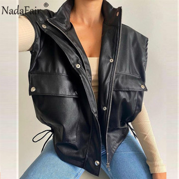 Nadafair Faux Leather Jacket Coat Women 2021 Spring Casual Pu Pockets Zipper Shrug Winter Sleeveless Jackets Coats Woman Vest