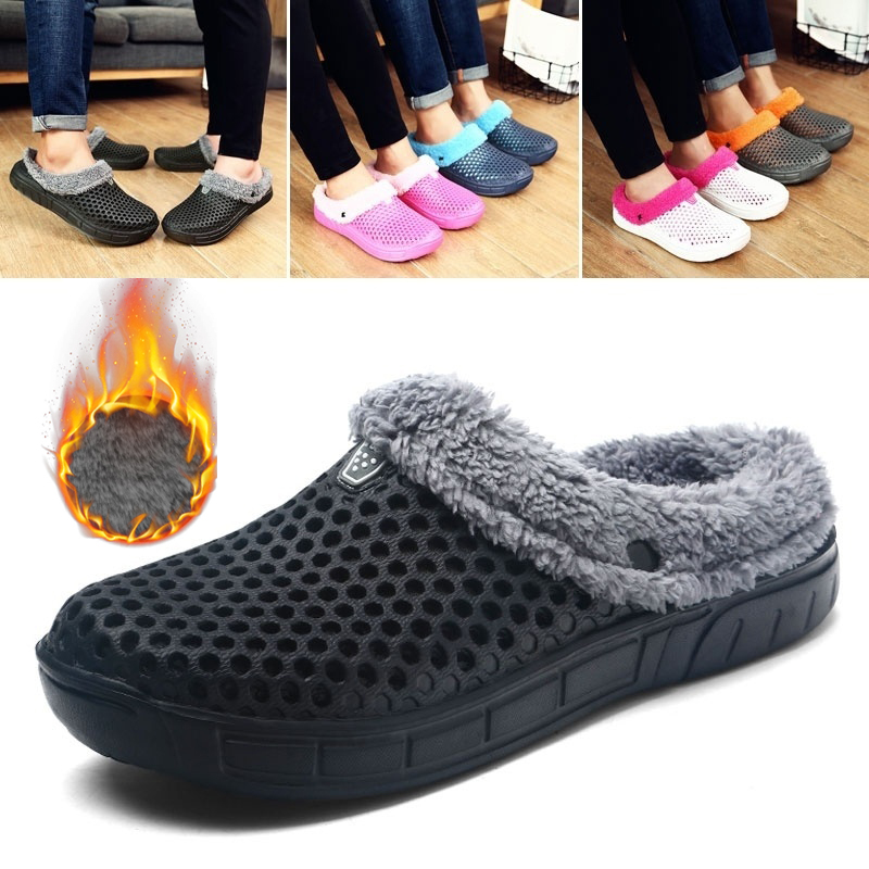 PULOMIES Men and Women Winter Slippers Fur Slippers Warm Fuzzy Plush Garden Clogs Mules Slippers Home Indoor Couple Slippers