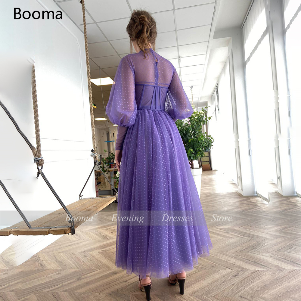 Purple O-Neck Corseted Prom Dresses Long Sleeves Dotted Tulle Tea-Length Evening Dresses Exposed Boning A-Line Party Dresses