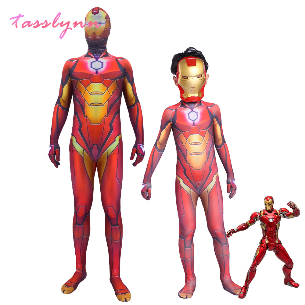 Superhero Movie Iron Man Cosplay Bodysuit Zentai Costume Adult Unisex One-Piece Spandex Jumpsuits Halloween Party Suit with Mask
