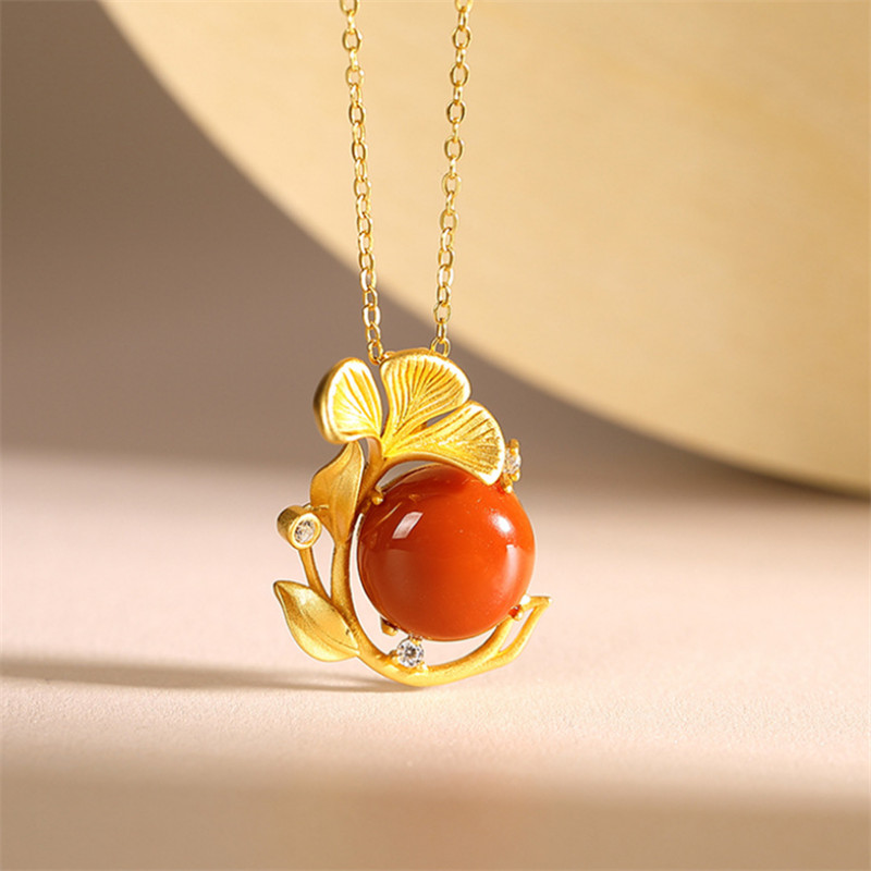 Uglyless Handmade Gold Ginkgo Leaves Agate Ginkgo Nuts Necklaces for Women Creative 925 Silver Plant Pendants + Chain 925 Silver