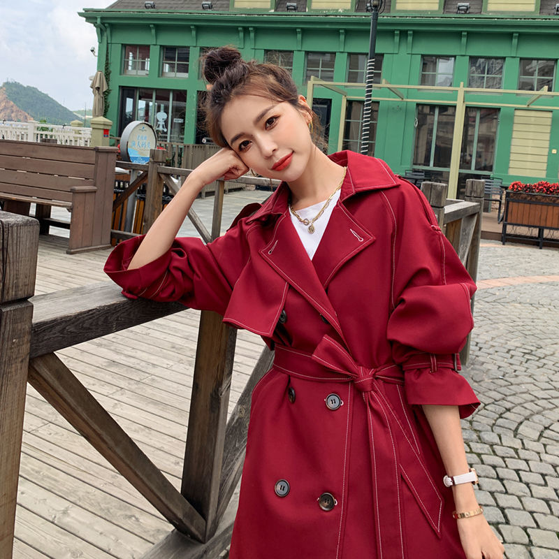 Hot Selling Red Windbreaker Women's 2020 New Autumn Mid-length Hepburn Style Thin Trench Coat With Belt Loose Ladies Outwear 137