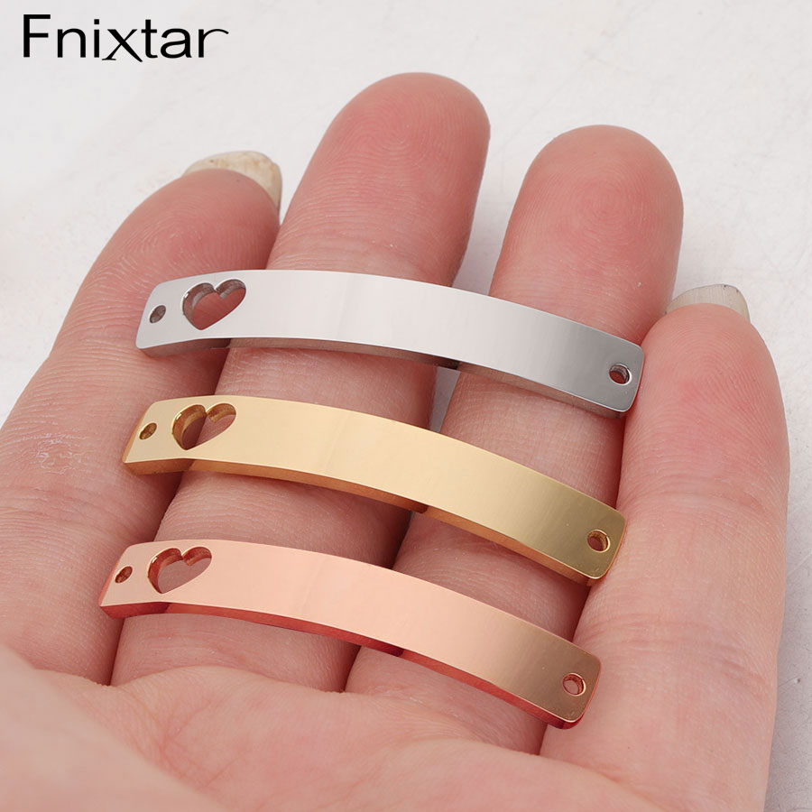Fnixtar Hollow Heart Bend Rectangle Bar Charm Mirror Polishe Stainless Steel DIY Bracelet Connector 6*39mm 20piece/lot