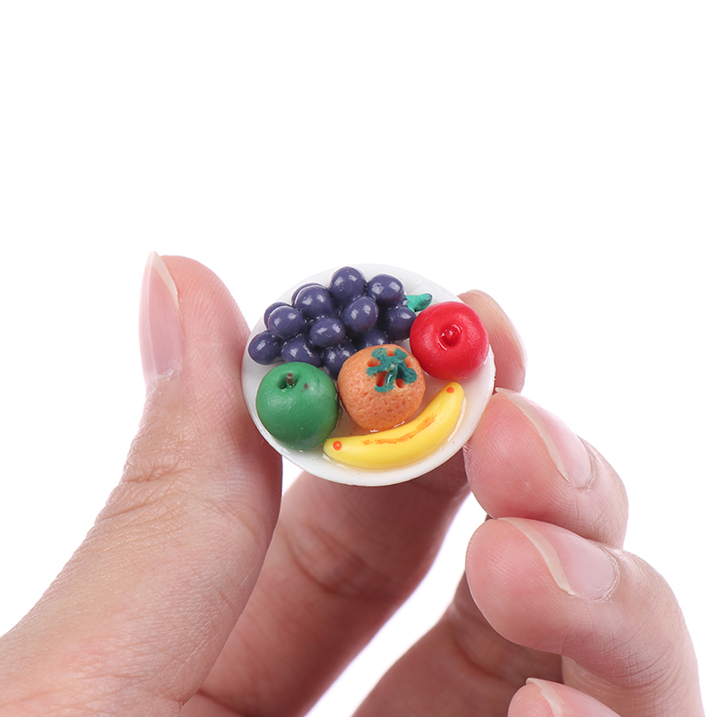 1:12 Miniature Food Fresh Fruit Platter Grape Pear Orange Peach White Dish Dollhouse Kitchen Accessories