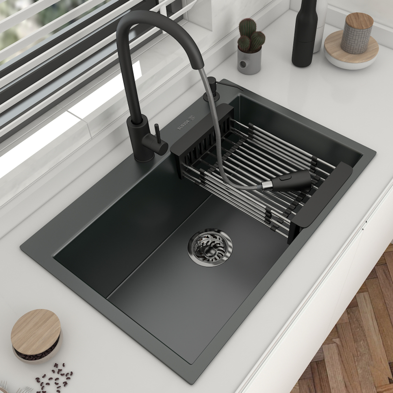 Dark-Gray Nano Stainless Steel Kitchen Sinks Handmade Large Single Tank Dishwash Kitchen Basin Vegetable Under Above Basin ZT890