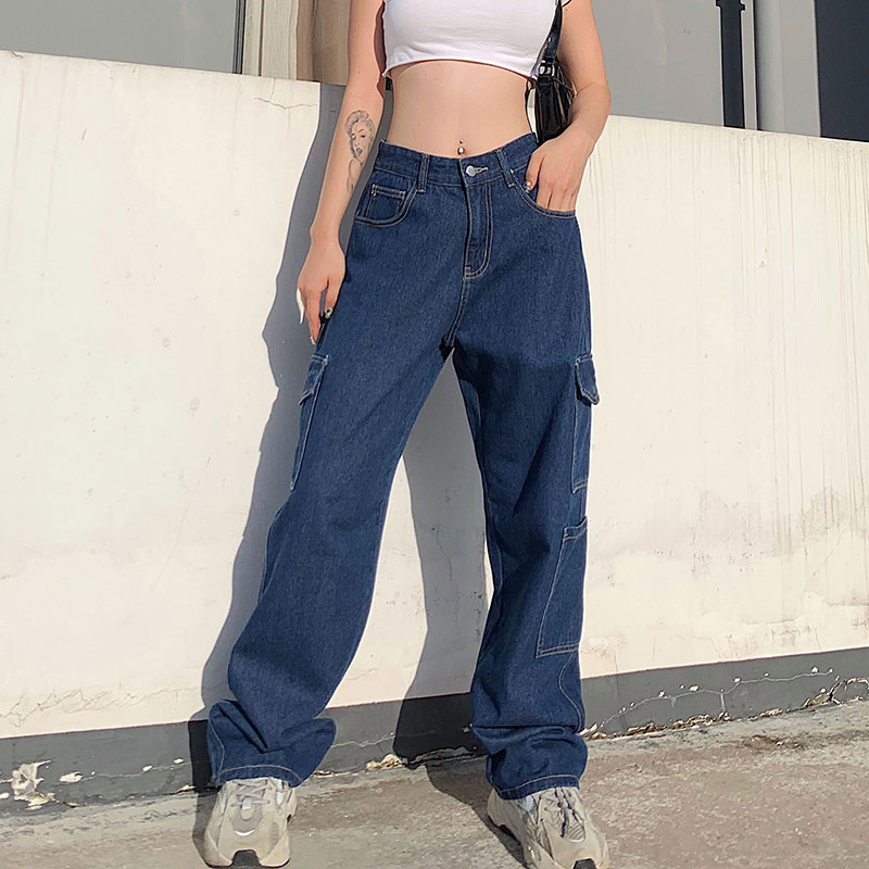 Weekeep Fashion Pocket White Women's Jeans Streetwear High Waist Jeans Vintage Straight Harajuku 2020 Denim Pants Cargo Pants