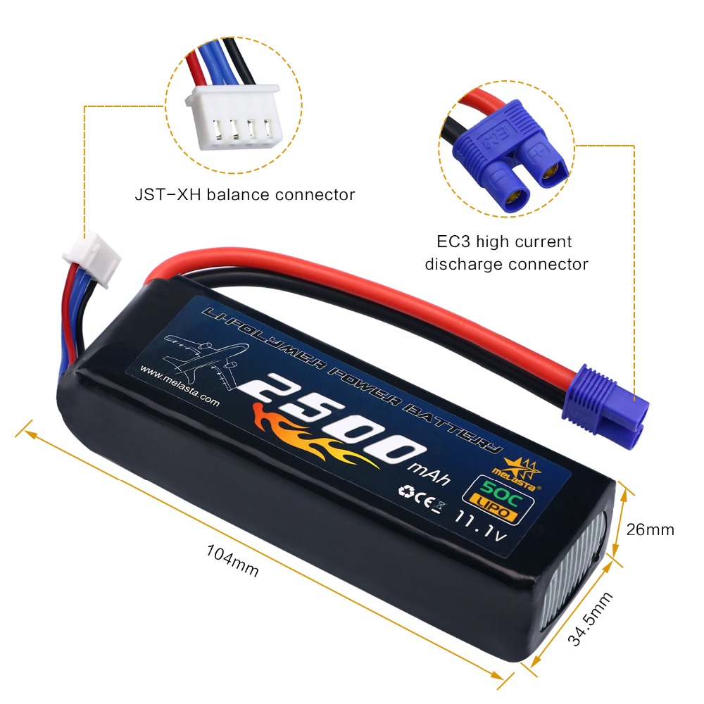 2500mAh 3S 11.1V 50C LiPo RACING CAR BATTERY 14AWG with EC3 Plug Battery for RC car