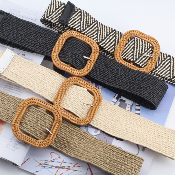 Boho Braided Belt Metal Pin Square Round Buckle Knitted Belt For Women Imitation Straw Woven Women's Belt Adjustable Waistband