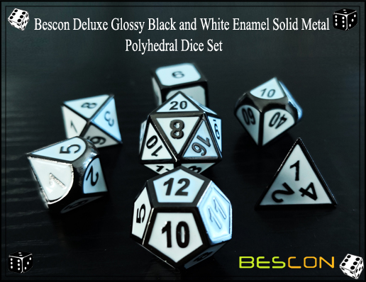 Bescon Deluxe Glossy Black and White Enamel Solid Metal Polyhedral Role Playing RPG Game Dice Set (7 Die in Pack)-3