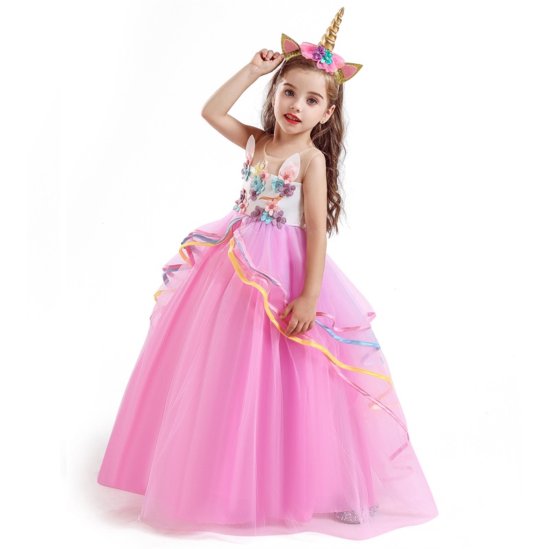 Rainbow Unicorn Cosplay Girls Dress Elegant Princess Dress Birthday Wedding Party Formal Ball Gowns Fancy Kids Dresses For Girls