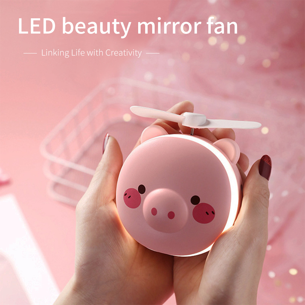 Portable Makeup Mirror With LED Light Cartoon Folding Fan USB Charging Natural Bright Adjustable Pink Makeup Mirror Bath Tool