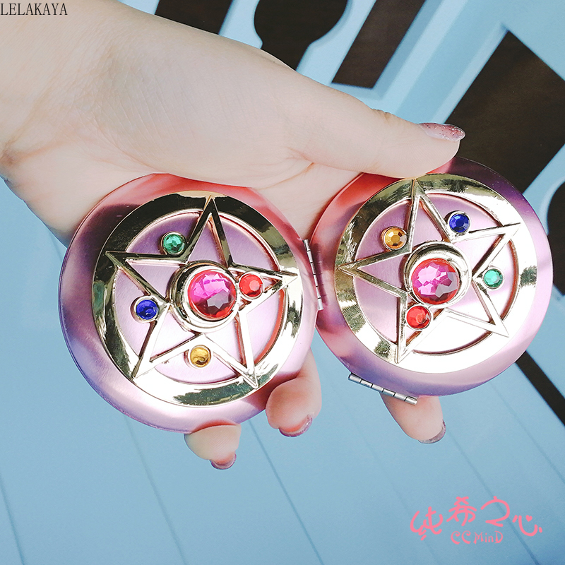 Anime Sailor Moon Moonlight Action Figure Folded Mirror Pink Metal Crystal Star Cosmetic Makeup Mirrors Cosplay Gifts toy New