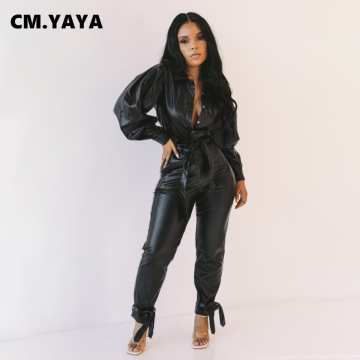 CM.YAYA Streetwear Faux Leather PU Women's Set Lantern Sleeve Jacket Tie Up Pants Tracksuit Matching Two Piece Set Casual Outfit