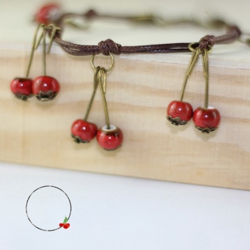 Creative Handmade Jewelry Sweet Small Fresh Cherry Fruit Ceramic Bracelet Simple Vintage Ethnic Style Girl Women Accessories