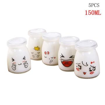 5pcs 150ml Pudding Bottle Cute Face Heat-resistant Glass Jelly Jar Yogurt Containers Milk Cup for Home Dessert Shop Restaurant