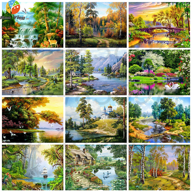 Diy Diamond Painting Landscape Village Villa Home Decoration Diamond Embroidery Full Round Diamond Mosaic Decoration Needlework