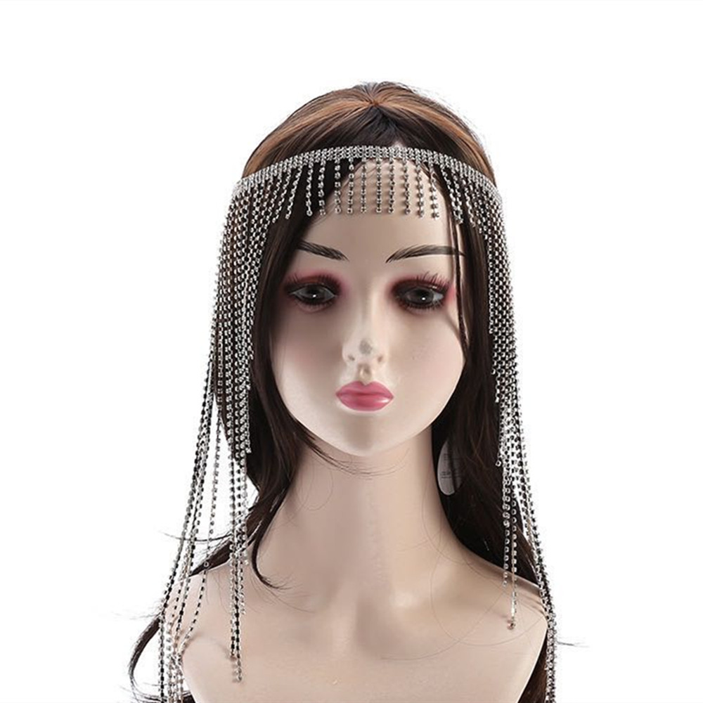 Luxury Rhinestone Forehead Long Tassel Head Chain Jewelry for Women Bling Crystal Hair Band Multi-Layer Hair Chain Accessories