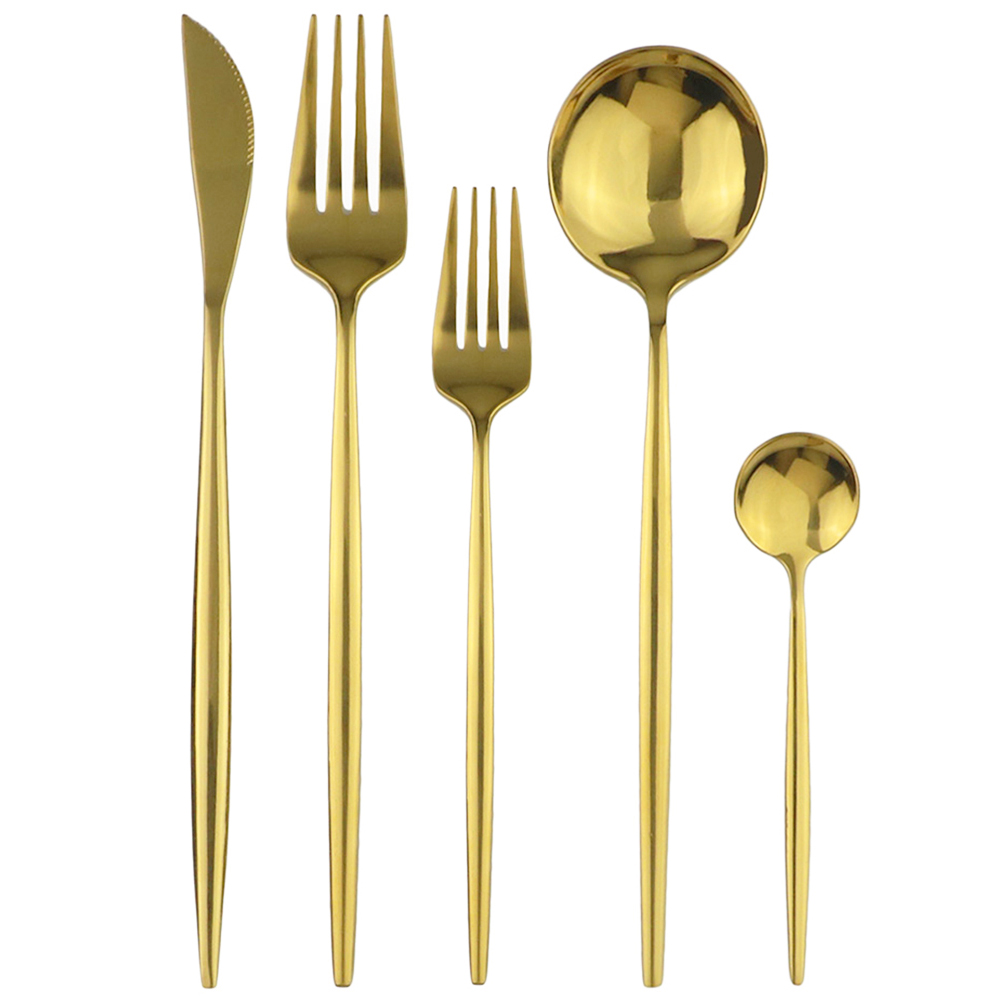 5pcs Gold Dinnerware Set 304 Stainless Steel Cutlery Set Knife Dessert Fork Dessert Spoon Silverware Kitchen Party Tableware Set