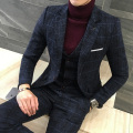 3 Piece Suits Men British Latest Coat Pant Designs Brown Navy Mens Suit Autumn Winter Thick Plaid Business Suit