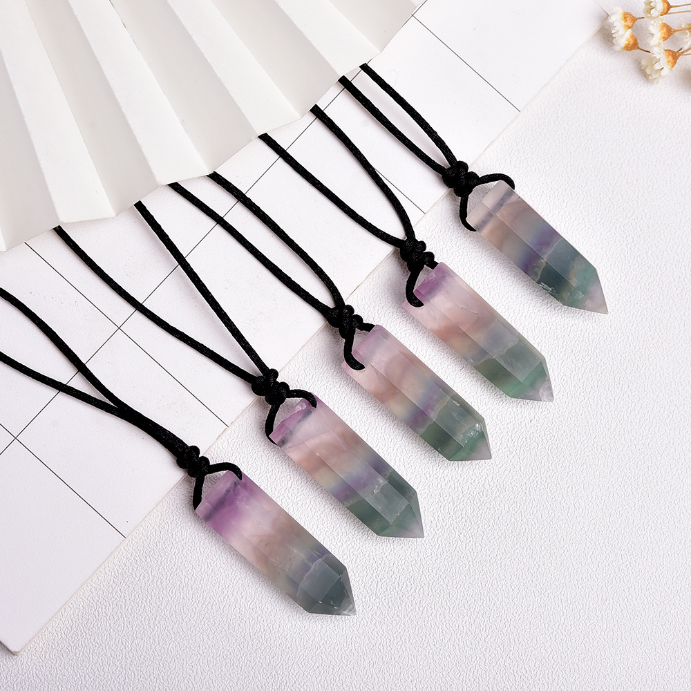 Natural crystal Purple green fluorite Crystal column Hexagonal Pendant crystal wand point Necklace Energy stone