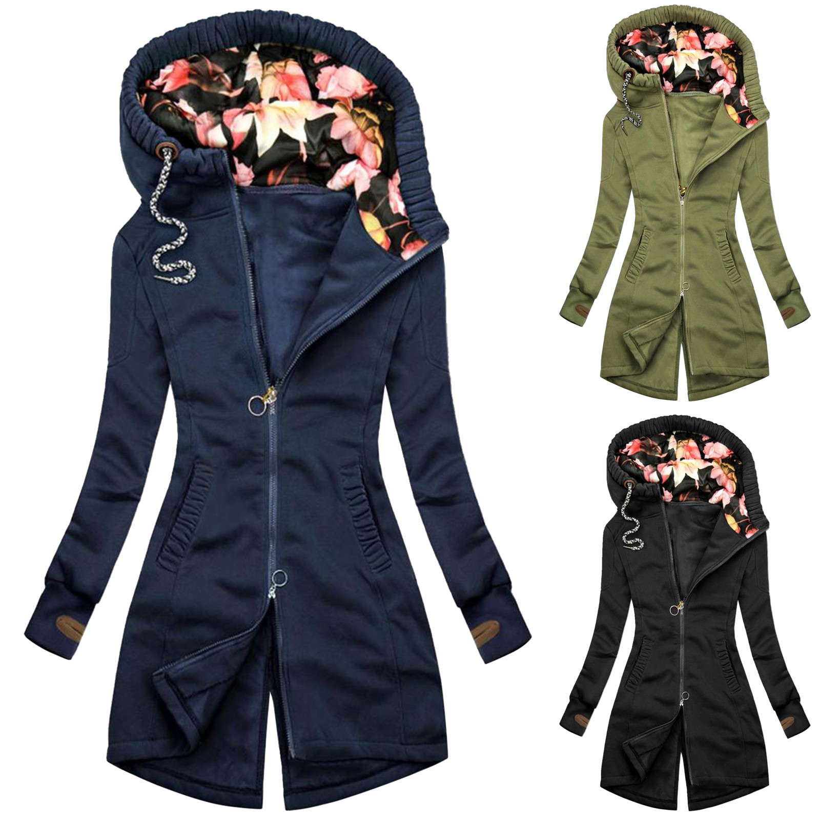 Coat Female Women's Jacket Women Fashion Floral Print Jacket Zipper Pocket Sweatshirt Long Sleeve Coat женская куртка пальто