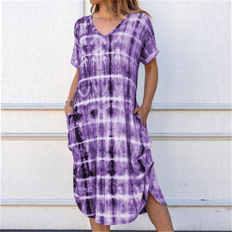 Women New Summer Casual Dress Short Sleeve 2020 Tie-dye Print Mid Long Dress V-Neck Side Splited Pockets Dress Big Size Vestidos